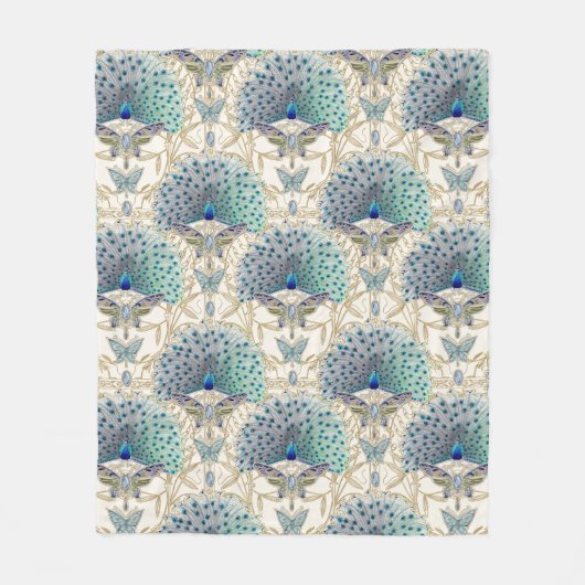 Art Deco Nouveau Peacock Butterfly Elfenbein und G Fleecedecke (Vorderseite)