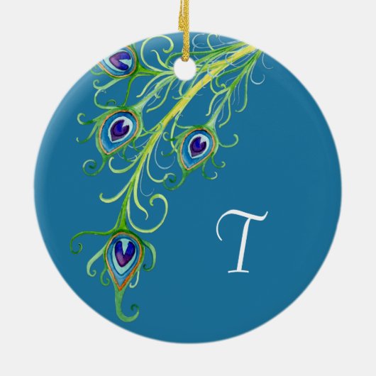 Art Deco Nouveau Peacock Feathers Swirl Keramik Ornament (Hinten)