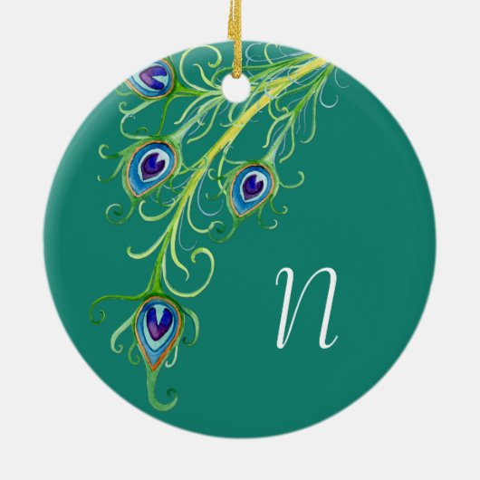 Art Deco Nouveau Peacock Feathers Swirl Keramik Ornament (Hinten)