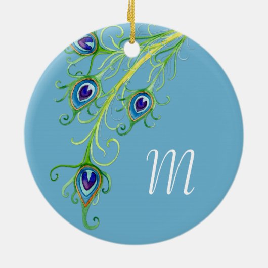 Art Deco Nouveau Peacock Feathers Swirl Keramik Ornament (Hinten)