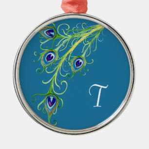Art Deco Nouveau Peacock Feathers Swirl Silbernes Ornament