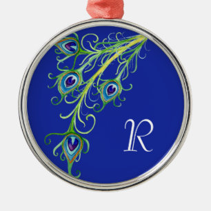 Art Deco Nouveau Peacock Feathers Swirl Silbernes Ornament