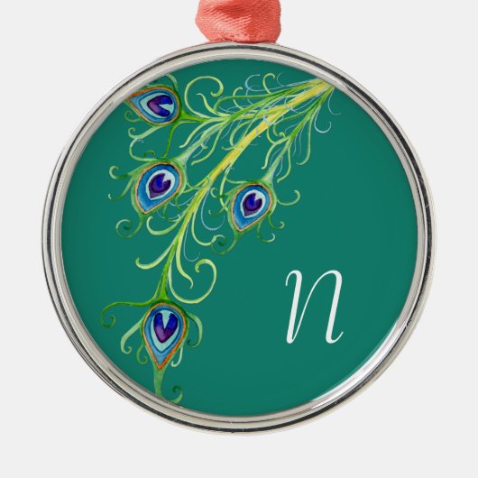 Art Deco Nouveau Peacock Feathers Swirl Silbernes Ornament (Vorne)