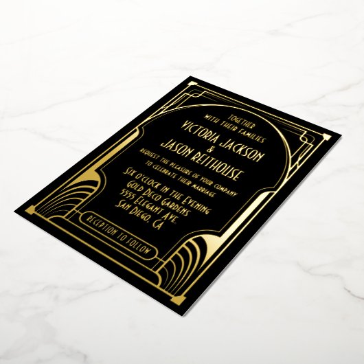 Art Deco Nouveau Wedding Gold & Black Wedding Folieneinladung (Gedreht)