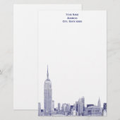 Art Deco NYC Skyline Etched 01 Stationery Blue Briefpapier (Vorne/Hinten)