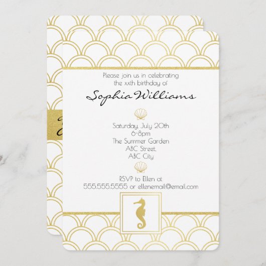 Art Deco Ocean Wave Gold Glitzer Seepferd Geburtst Einladung (Vorne/Hinten)