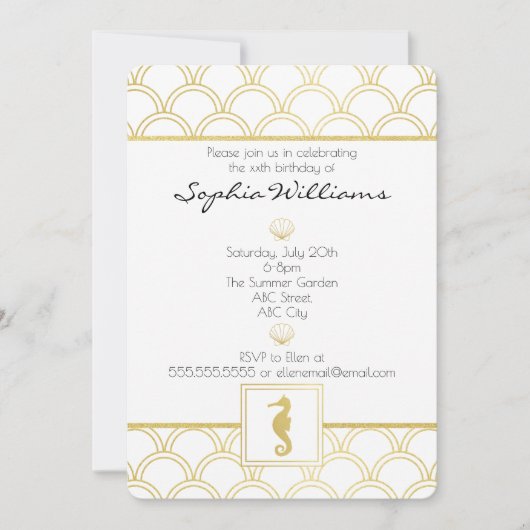 Art Deco Ocean Wave Gold Glitzer Seepferd Geburtst Einladung (Vorderseite)