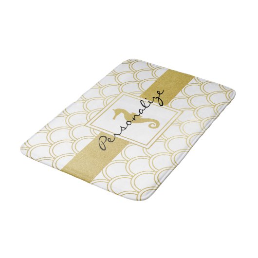 Art Deco Ocean Wave Gold Seepferd Beach House Badematte (Schrägansicht)