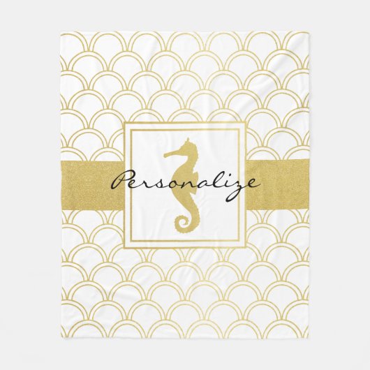 Art Deco Ocean Wave Gold Seepferd Beach House Fleecedecke (Vorderseite)