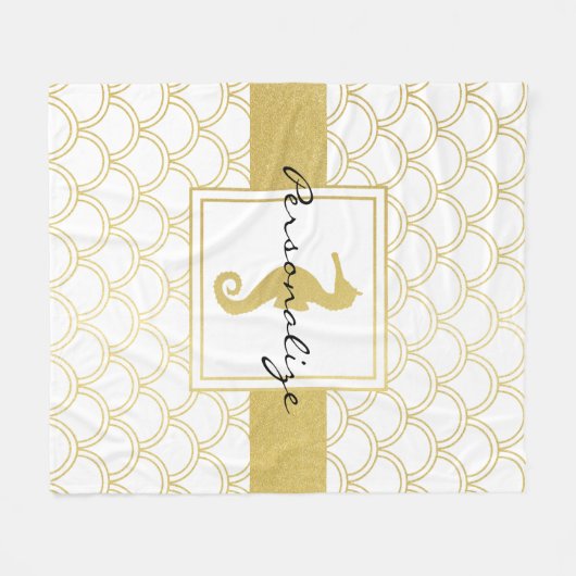 Art Deco Ocean Wave Gold Seepferd Beach House Fleecedecke (Vorderseite (Horizontal))