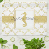 Art Deco Ocean Wave Gold Seepferd Beach House Geschirrtuch (Gefaltet)