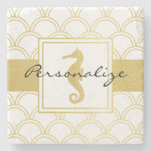 Art Deco Ocean Wave Gold Seepferd Beach House Steinuntersetzer (Vorderseite)