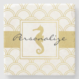 Art Deco Ocean Wave Gold Seepferd Beach House Steinuntersetzer