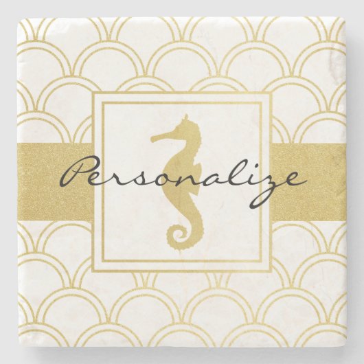 Art Deco Ocean Wave Gold Seepferd Beach House Steinuntersetzer (Vorderseite)