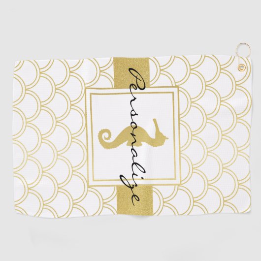 Art Deco Ocean Wave Muster Gold Glitzer Seepferd Golfhandtuch (Horizontal)