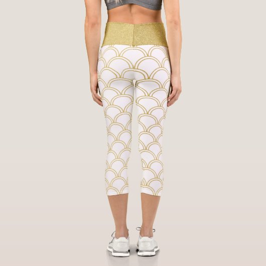 Art Deco Ocean Wave Patten Gold Glitzer Seepferd Capri Leggings (Rückseite)