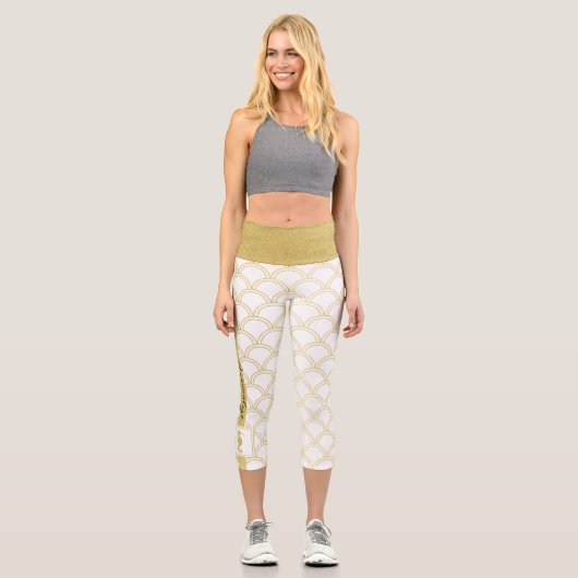 Art Deco Ocean Wave Patten Gold Glitzer Seepferd Capri Leggings (Vorderseite)