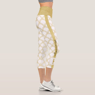 Art Deco Ocean Wave Patten Gold Glitzer Seepferd Capri Leggings