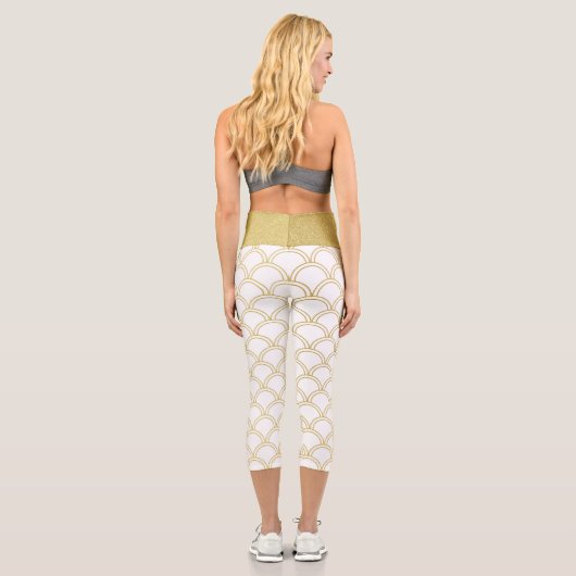 Art Deco Ocean Wave Patten Gold Glitzer Seepferd Capri Leggings (Rückseite)