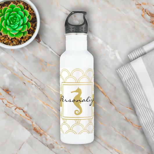 Art Deco Ocean Wave Patten Gold Glitzer Seepferd Edelstahlflasche