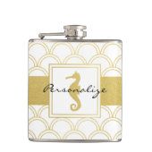 Art Deco Ocean Wave Patten Gold Glitzer Seepferd Flachmann (Vorderseite)