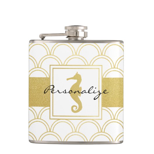 Art Deco Ocean Wave Patten Gold Glitzer Seepferd Flachmann (Vorderseite)