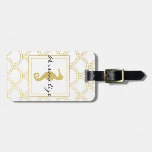 Art Deco Ocean Wave Patten Gold Glitzer Seepferd Gepäckanhänger (Vorderseite horizontal)