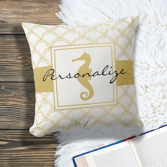 Art Deco Ocean Wave Patten Gold Glitzer Seepferd Kissen (Von Creator hochgeladen)