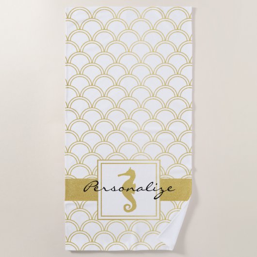 Art Deco Ocean Wave Patten Gold Glitzer Seepferd Strandtuch (Vorderseite)