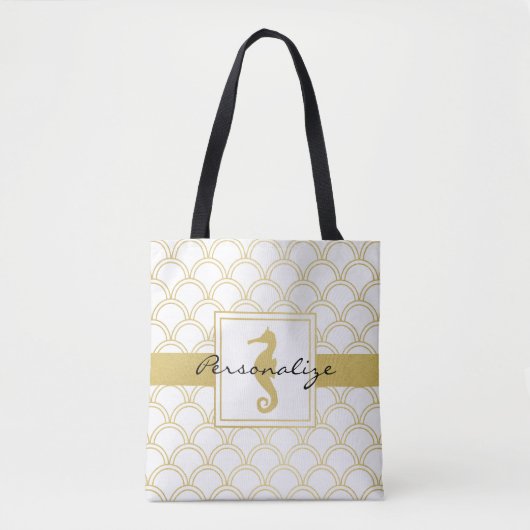 Art Deco Ocean Wave Patten Gold Glitzer Seepferd Tasche (Vorderseite)