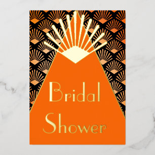 Art Deco Orange Schwarz Goldene Hochzeitsdusche Folieneinladung