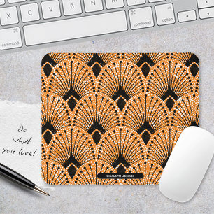 Art Deco Orange Schwarz Weiß Retro Pfauenmuster Mousepad