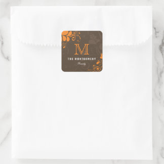 Art Deco Orange Wirbel Monogram Erntedank Party Quadratischer Aufkleber