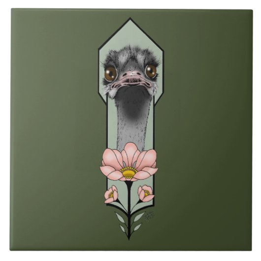 Art Deco Ostrich Blume Green Fliese (Vorderseite)