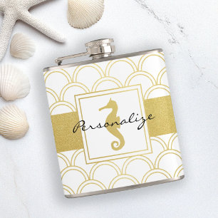 Art Deco Ozeanwellenmuster Gold Glitter Seepferdch Flachmann