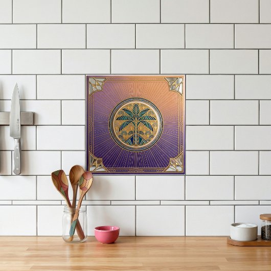 Art Deco Palm Tree Sunrise Gradient Ceramic Tile Fliese