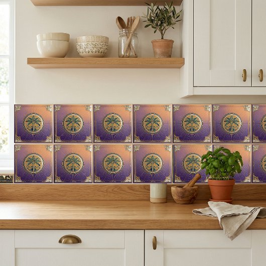 Art Deco Palm Tree Sunrise Gradient Ceramic Tile Fliese