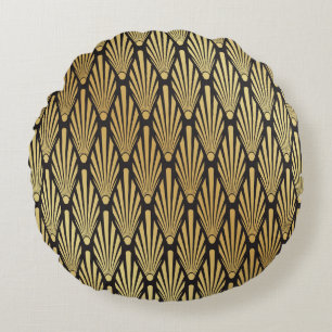 Art Deco Palmen: Schwarzes Gold. Rundes Kissen