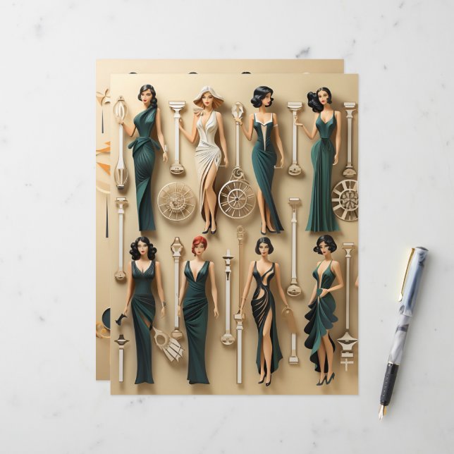 Art Deco Paper Dolls Scrapbook Paper (Vorderseite/Rückseite Beispiel)