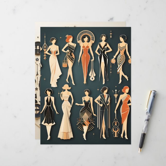 Art Deco Paper Dolls Scrapbook Paper (Vorderseite/Rückseite Beispiel)