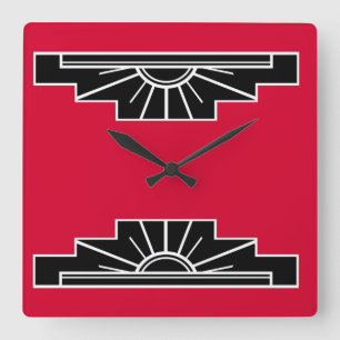 Art Deco Pattern in Red, Black and White Square Wa Quadratische Wanduhr