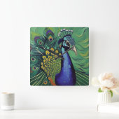 Art Deco Peacock Clock Quadratische Wanduhr (Zuhause)