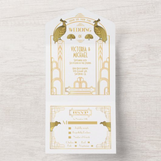 Art Deco Peacock Einladungen für Hochzeiten (Innen Boden)