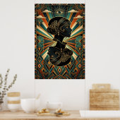 Art Deco Peacock Feather Dancer Gold Teal Poster (Küche)