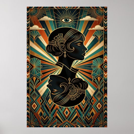 Art Deco Peacock Feather Dancer Gold Teal Poster (Vorne)