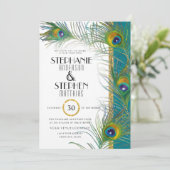 Art Deco Peacock Feathers Gold Glitzer Typografie Einladung (Stehend Vorderseite)