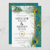 Art Deco Peacock Feathers Gold Glitzer Typografie Einladung (Vorne/Hinten)