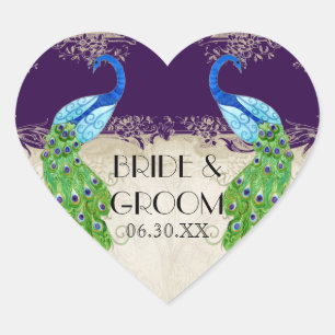 Art Deco Peacock Gaben Tags Siegel Dunkel Lila Herz-Aufkleber