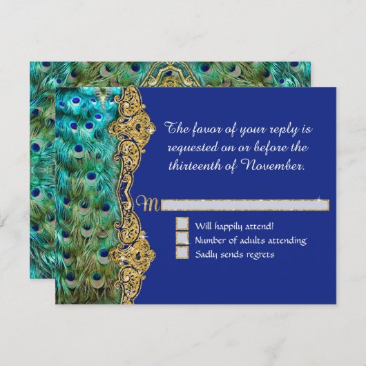 Art Deco Peacock Glam Old Hollywood Blue UAWG RSVP Karte (Vorne/Hinten)