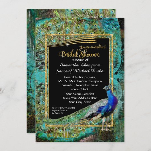 Art Deco Peacock Glam Old Hollywood Brautparty Einladung (Vorne/Hinten)